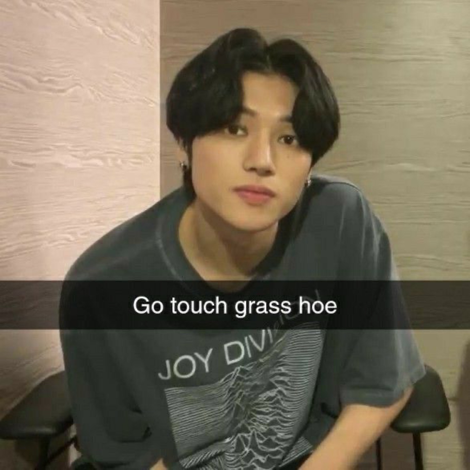 Deadpan young man in a Joy Division tee captioned 'Go touch grass hoe'