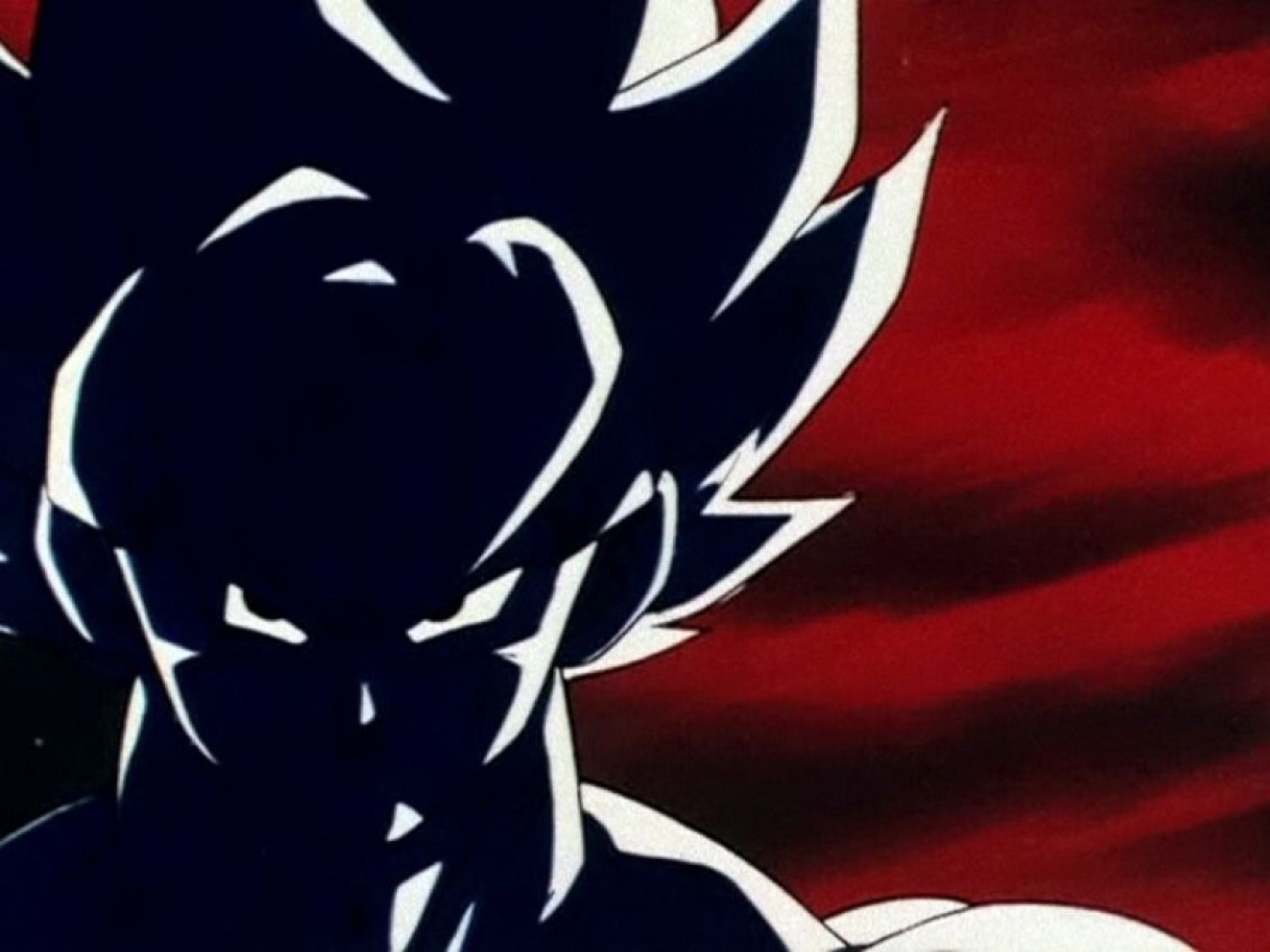 Anime hero silhouetted against a blood-red sky, eyes burning with rage