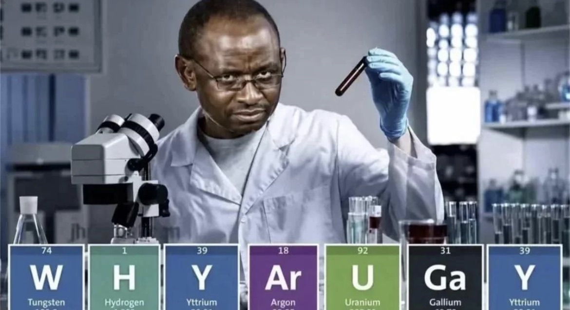 A meme-faced chemist asking “why are you gay?” In chemical symbols