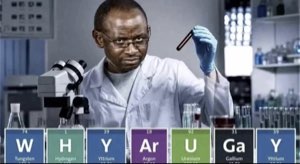 A meme-faced chemist asking “why are you gay?” In chemical symbols