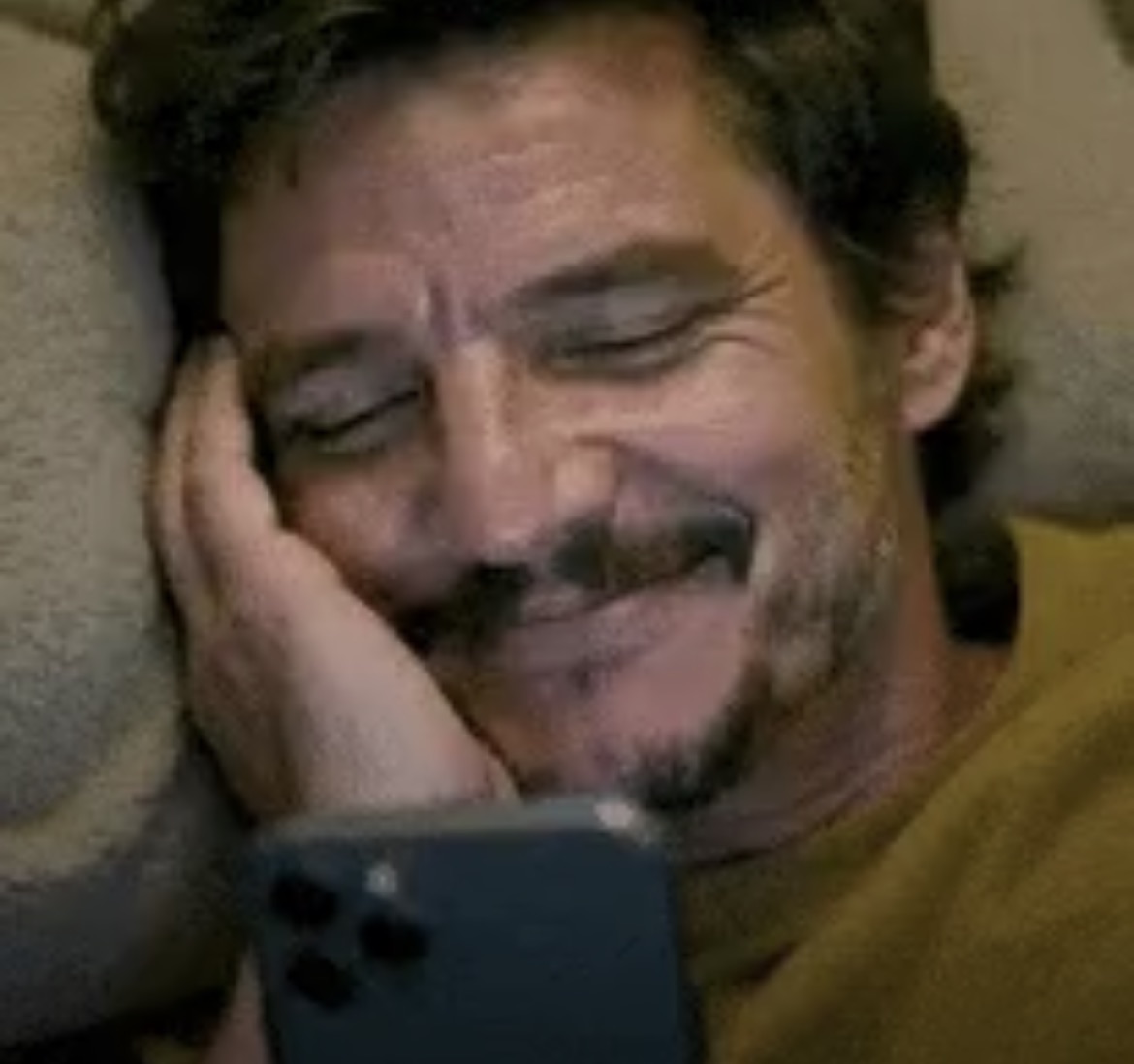 Pedro Pascal smiling sweetly at his phone