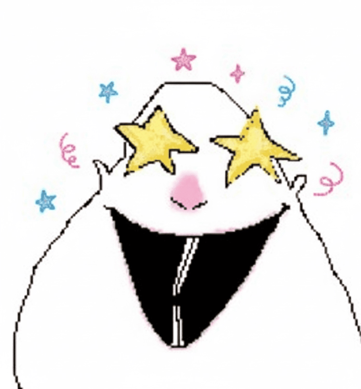 White blob doodle with gold star eyes and a huge grin, sparkles everywhere