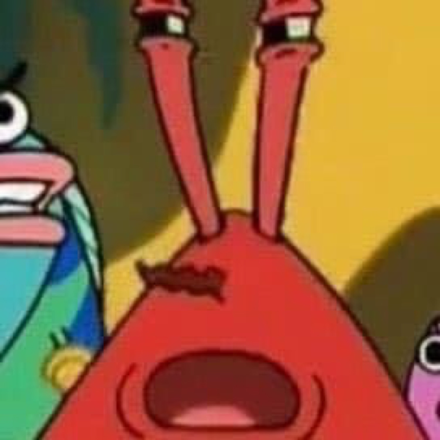 Mr. Krabs in extreme close-up, eyestalks up and mouth hanging wide open in shock