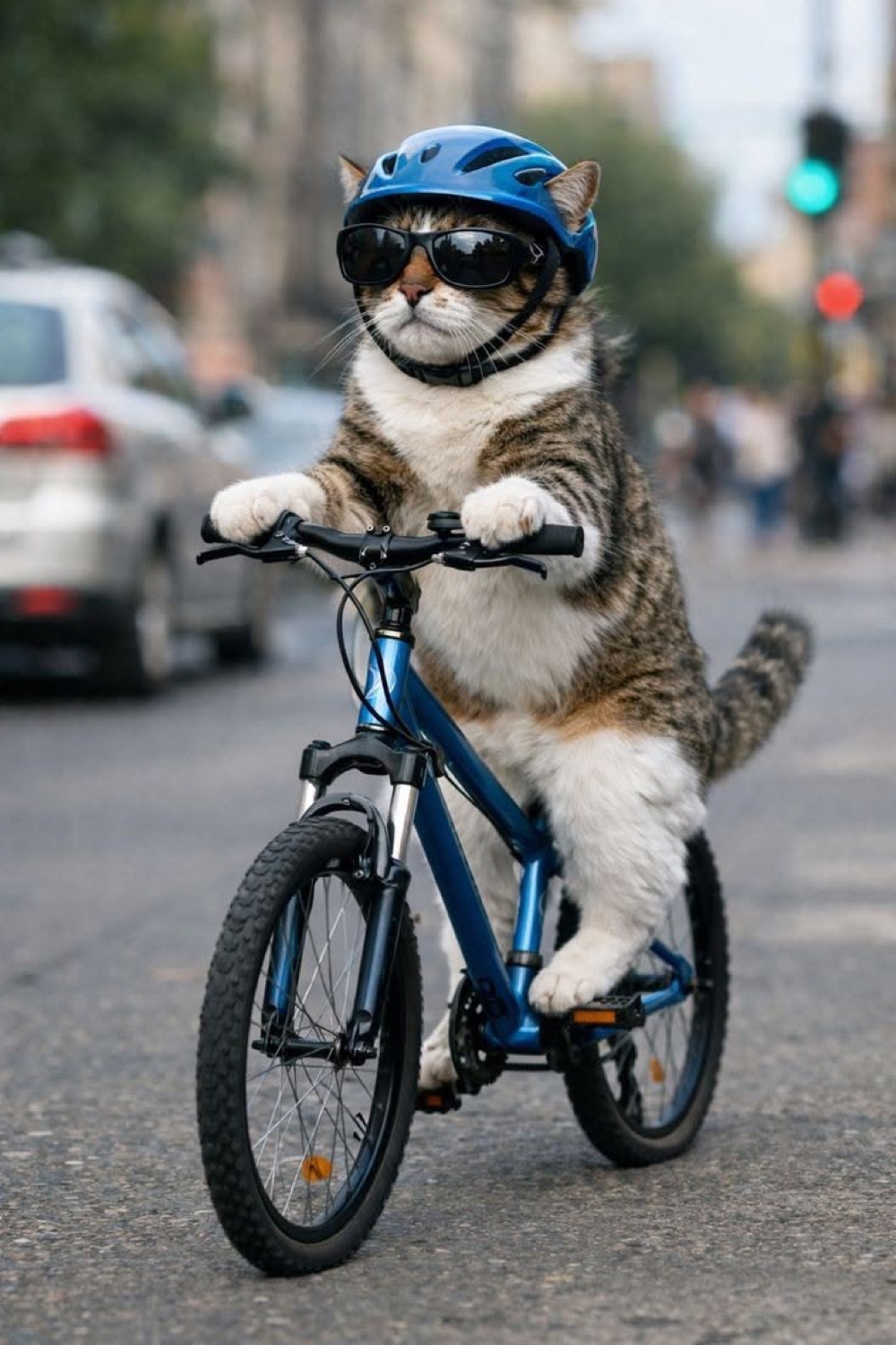 Cat in a helmet and sunglasses riding a bike through traffic