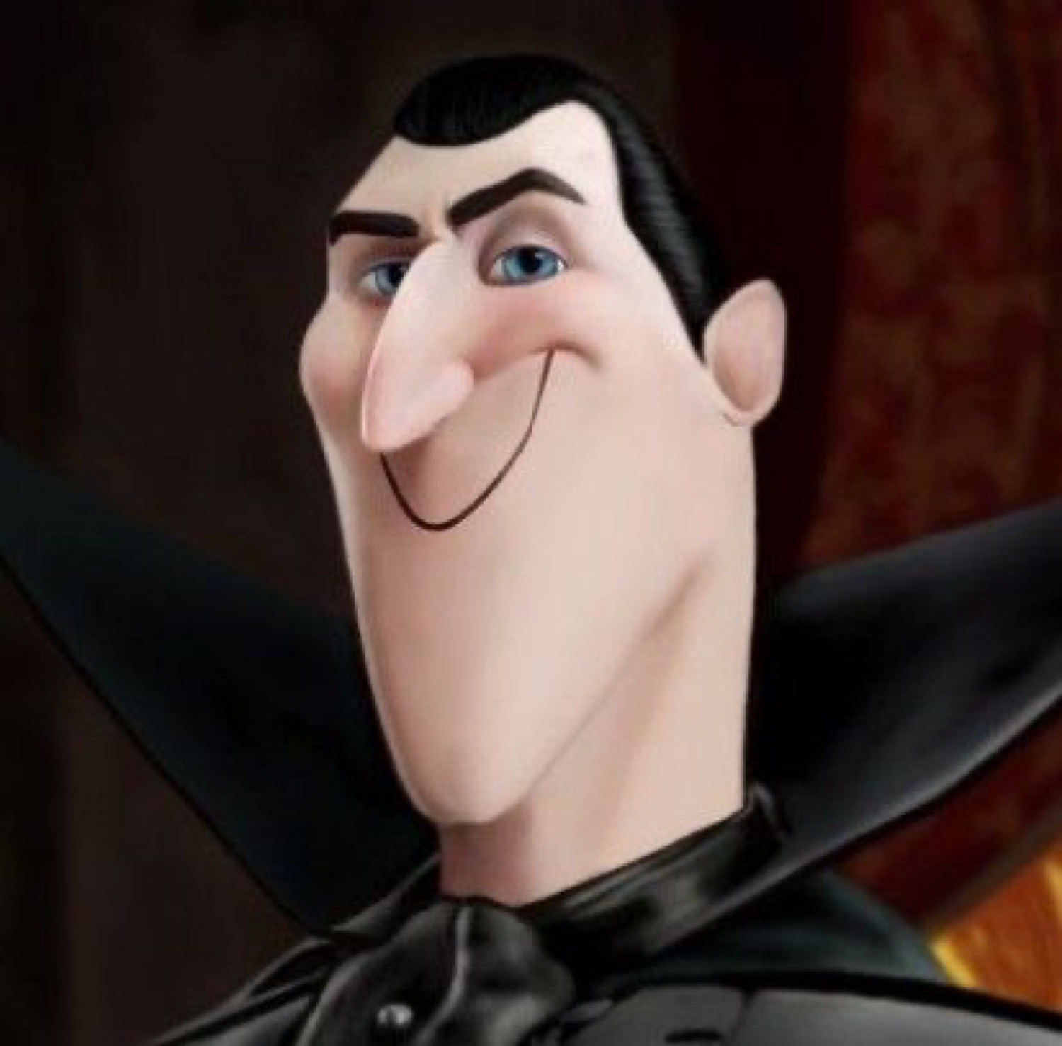Hotel Transylvania Dracula with a wide, smug close-up grin