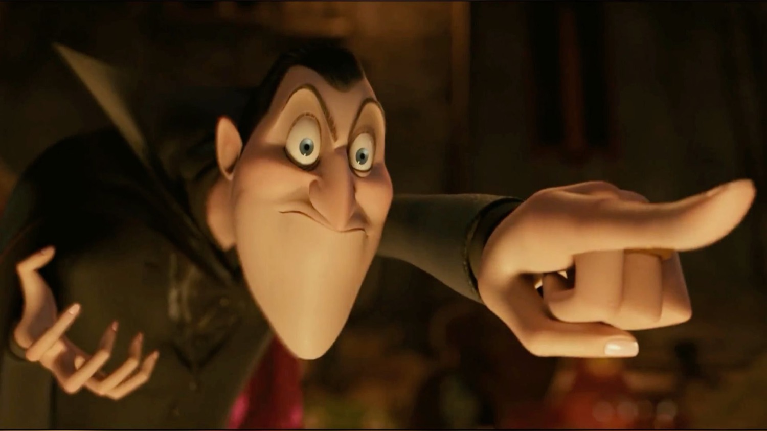 Dracula from Hotel Transylvania pointing accusingly with a smug grin