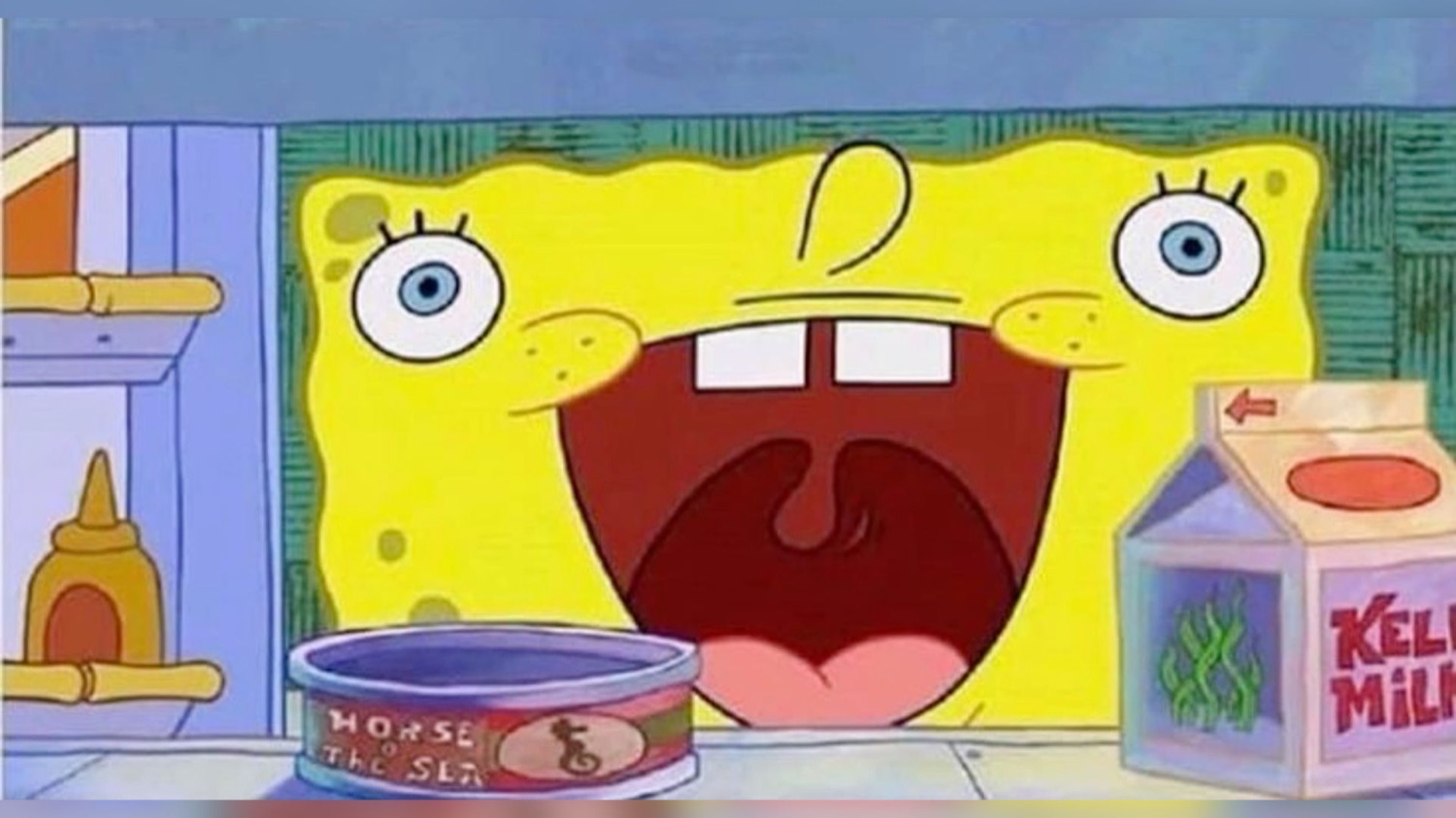 SpongeBob with his mouth cranked wide open mid-scream behind the counter