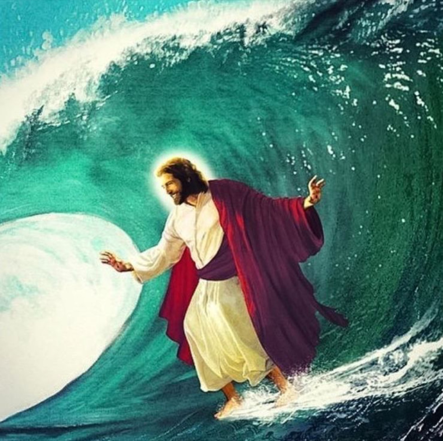 Jesus surfing a giant wave in his robes