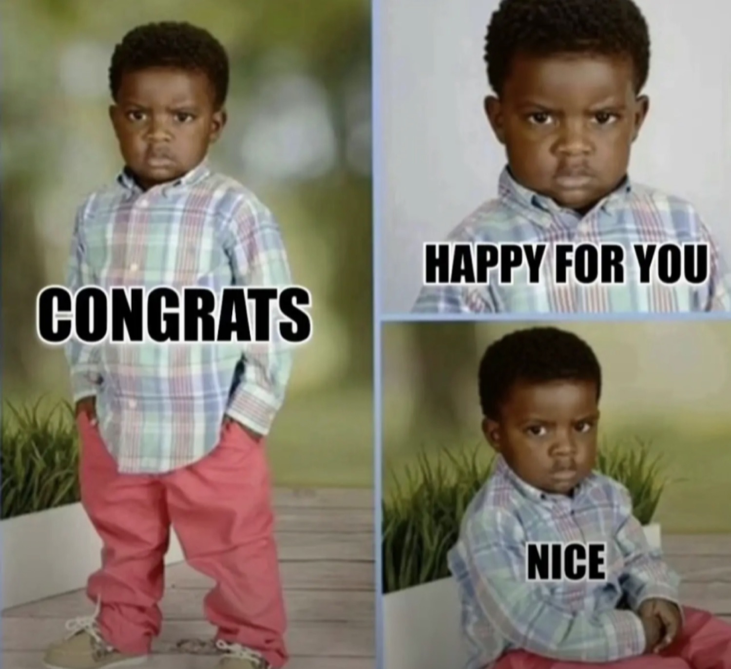 Three-panel toddler with a stern face: 'CONGRATS / HAPPY FOR YOU / NICE'