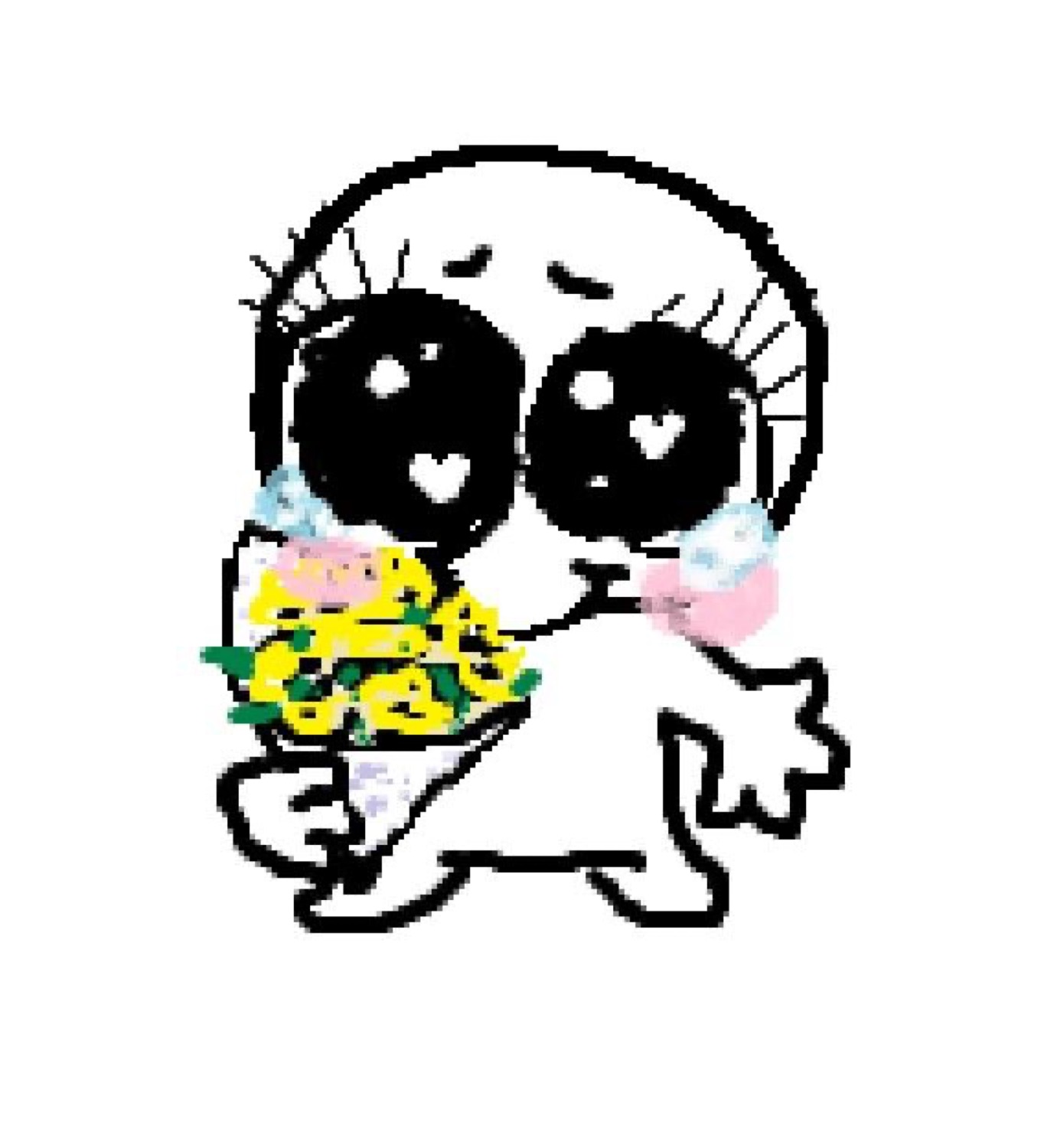 Chibi cartoon creature with huge heart-shaped eyes holding flowers and blushing, crying softly