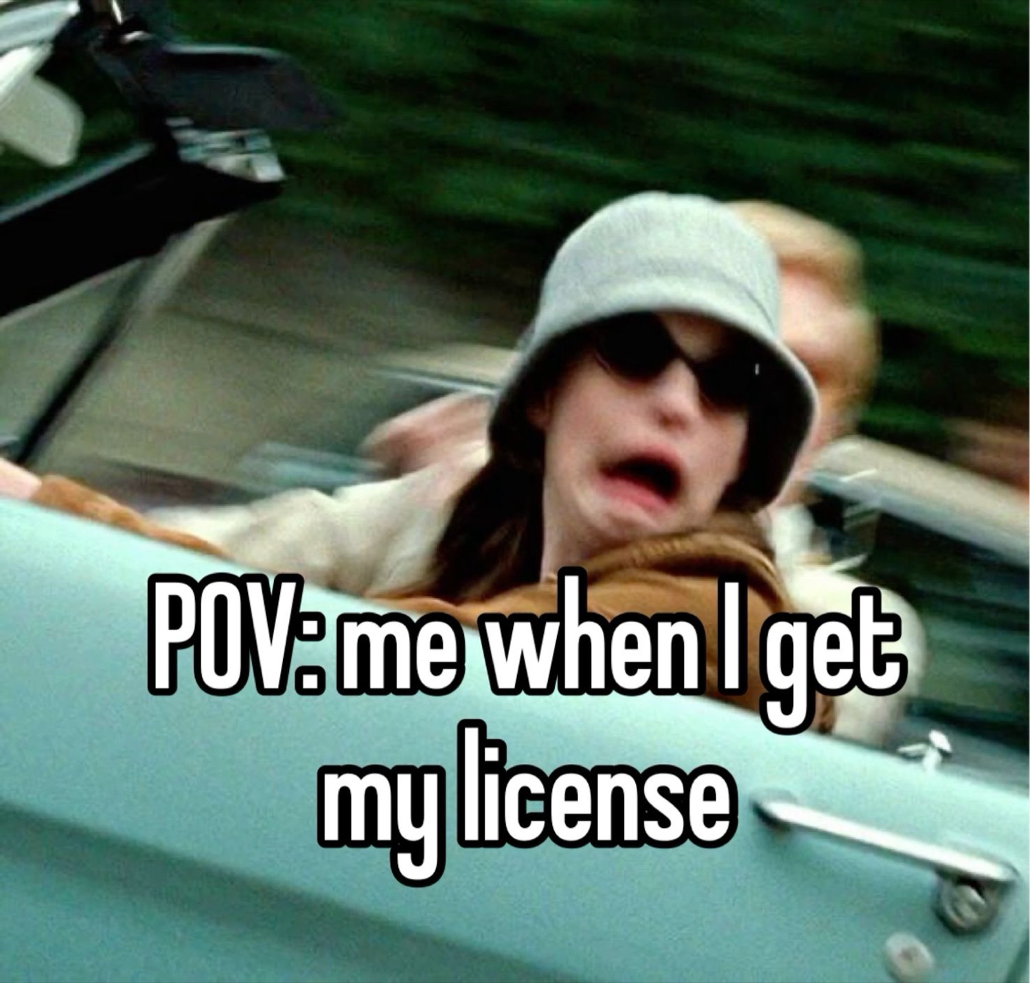 Woman screaming at the wheel: 'POV: me when I get my license'