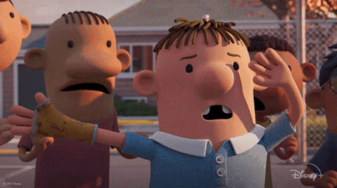 Animated Rowley Jefferson from Diary of a Wimpy Kid waving with his arm in a cast
