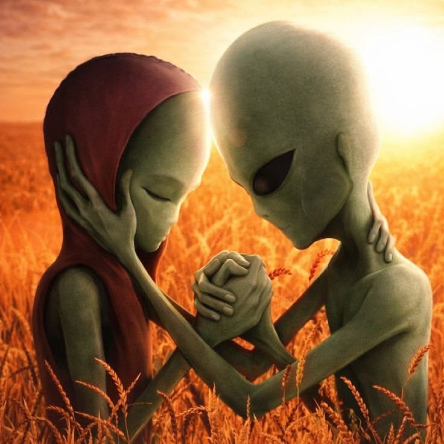 Two aliens tenderly embracing in a golden wheat field at sunset