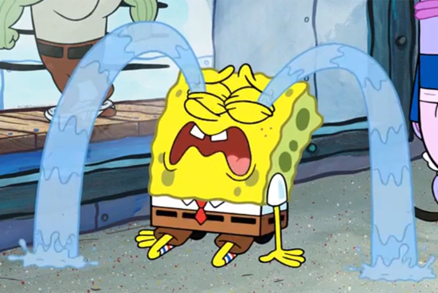 SpongeBob bawling with two giant arcs of tears shooting out of his eyes