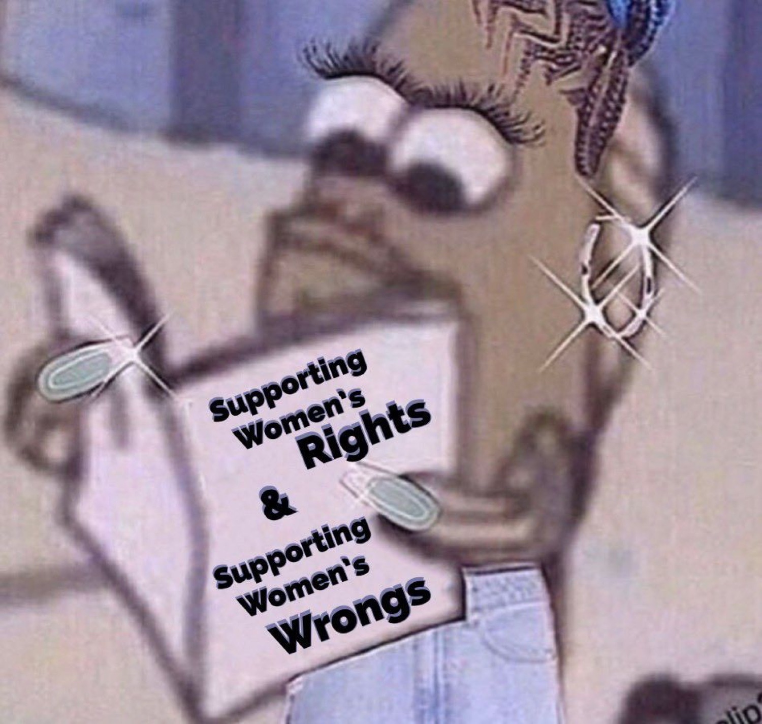 Cartoon fish reading a pamphlet: 'Supporting Women's Rights & Supporting Women's Wrongs'