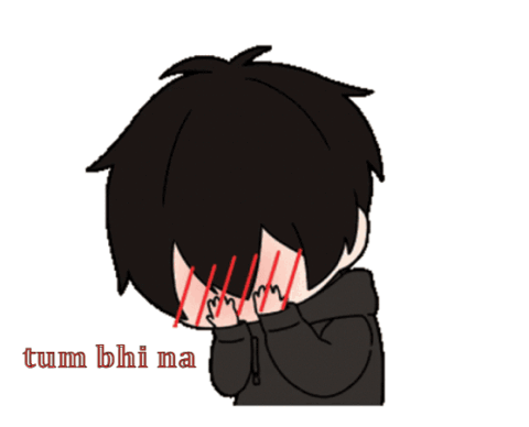 Anime boy hiding his blushing face, "tum bhi na"