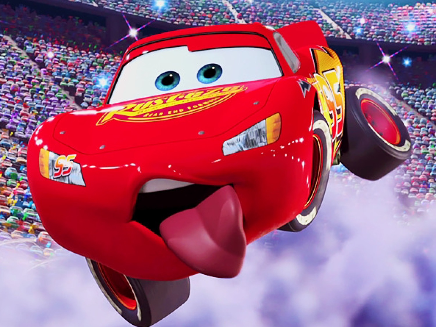 Lightning McQueen sticking his tongue out mid-jump