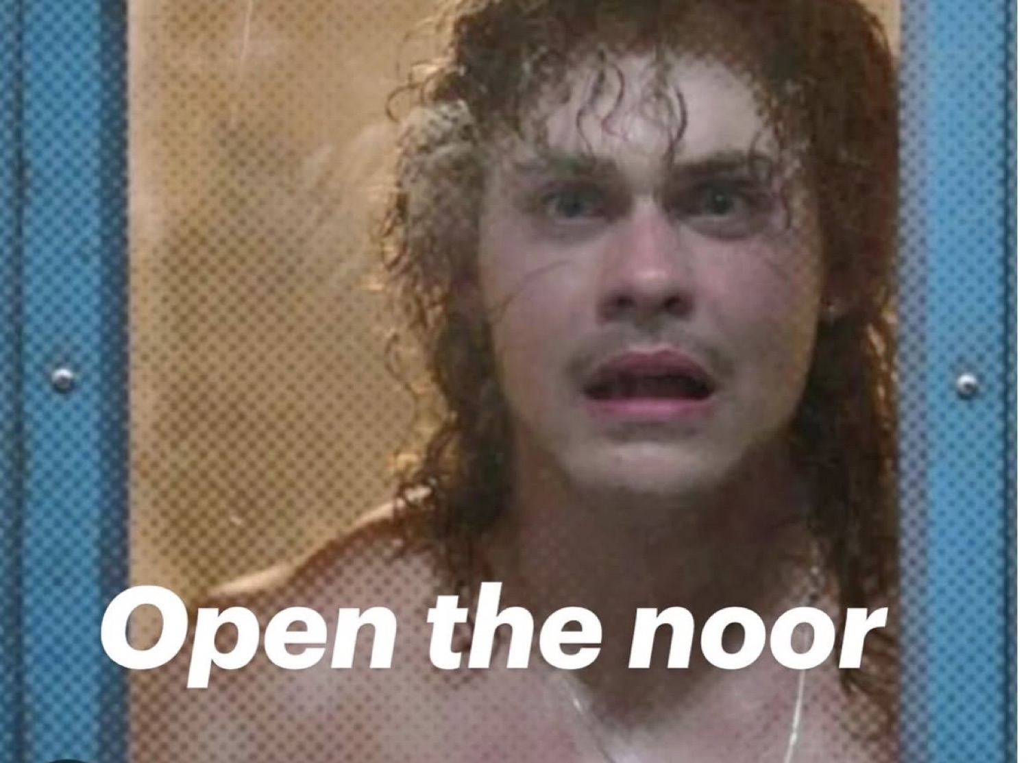 Curly-haired Stranger Things character looking scared through a door window under 'Open the noor'