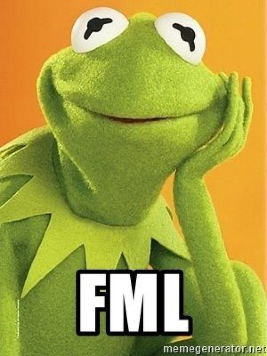 Kermit with his chin in his hands and a frozen smile: 'FML'