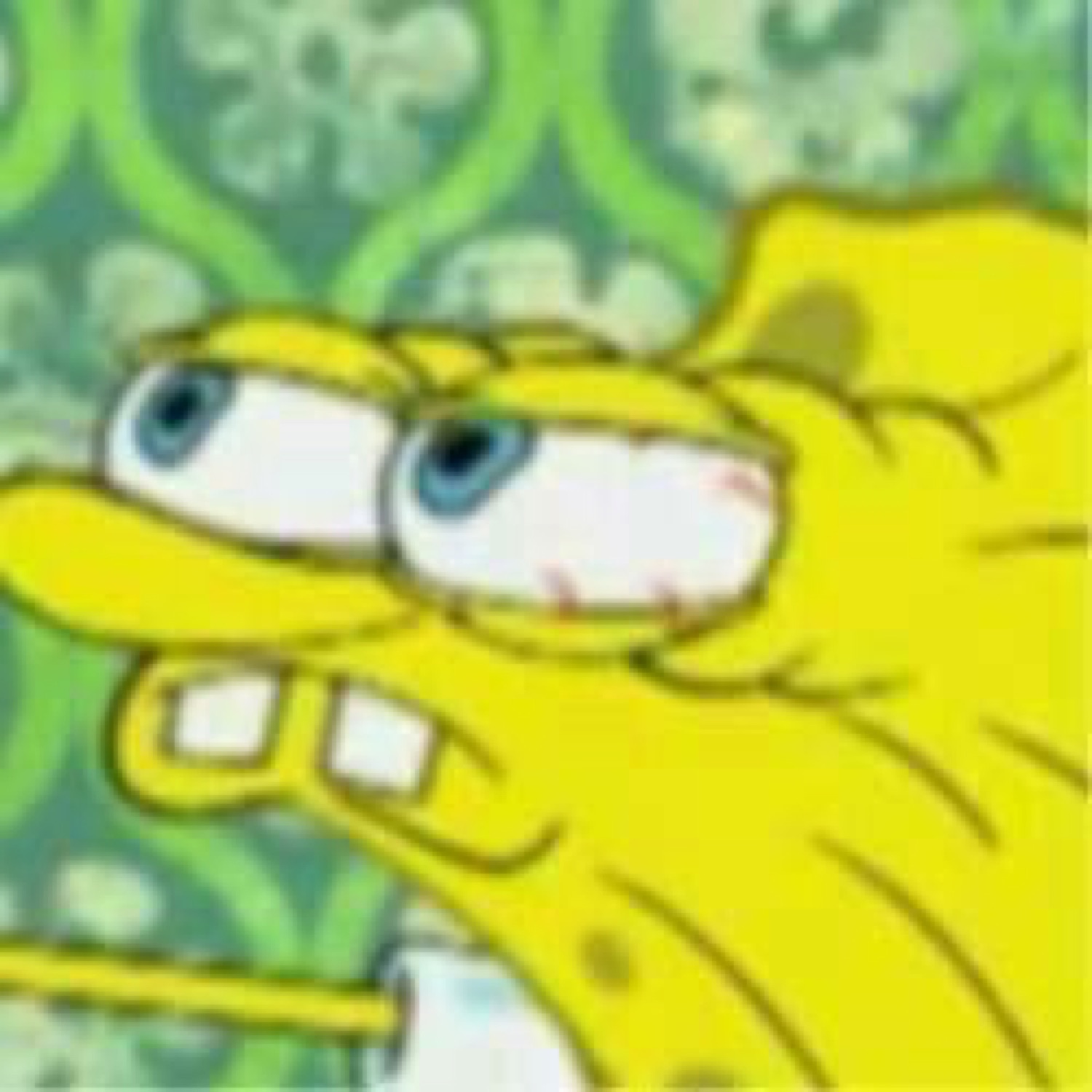 Deep-fried close-up of SpongeBob squinting with heavy suspicion