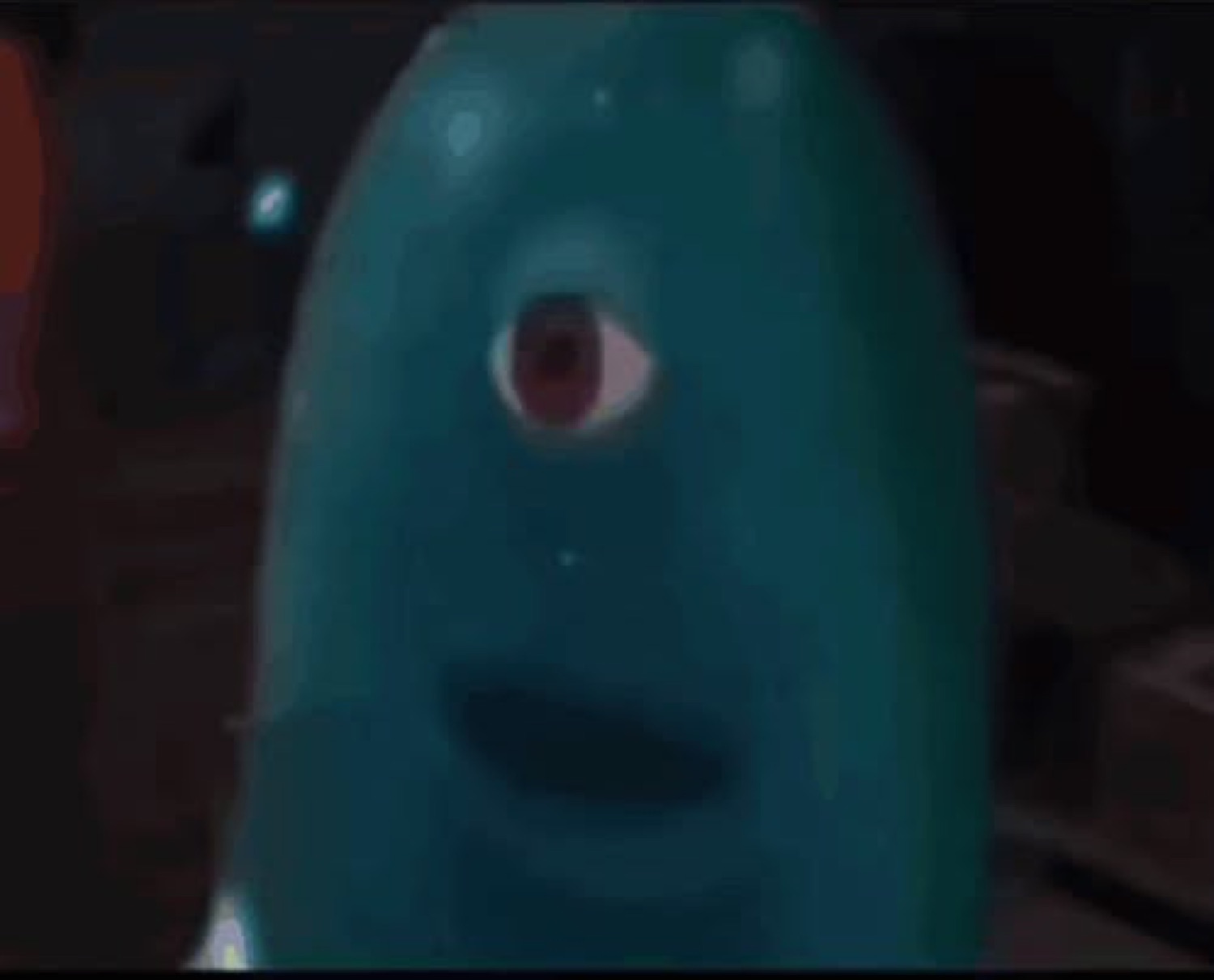 B.O.B. from Monsters vs. Aliens, the one-eyed blue blob, staring blankly