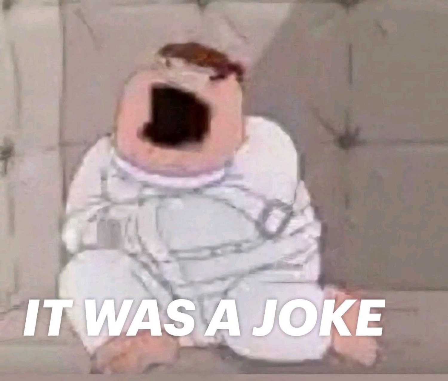 Peter Griffin in a straitjacket screaming 'IT WAS A JOKE'