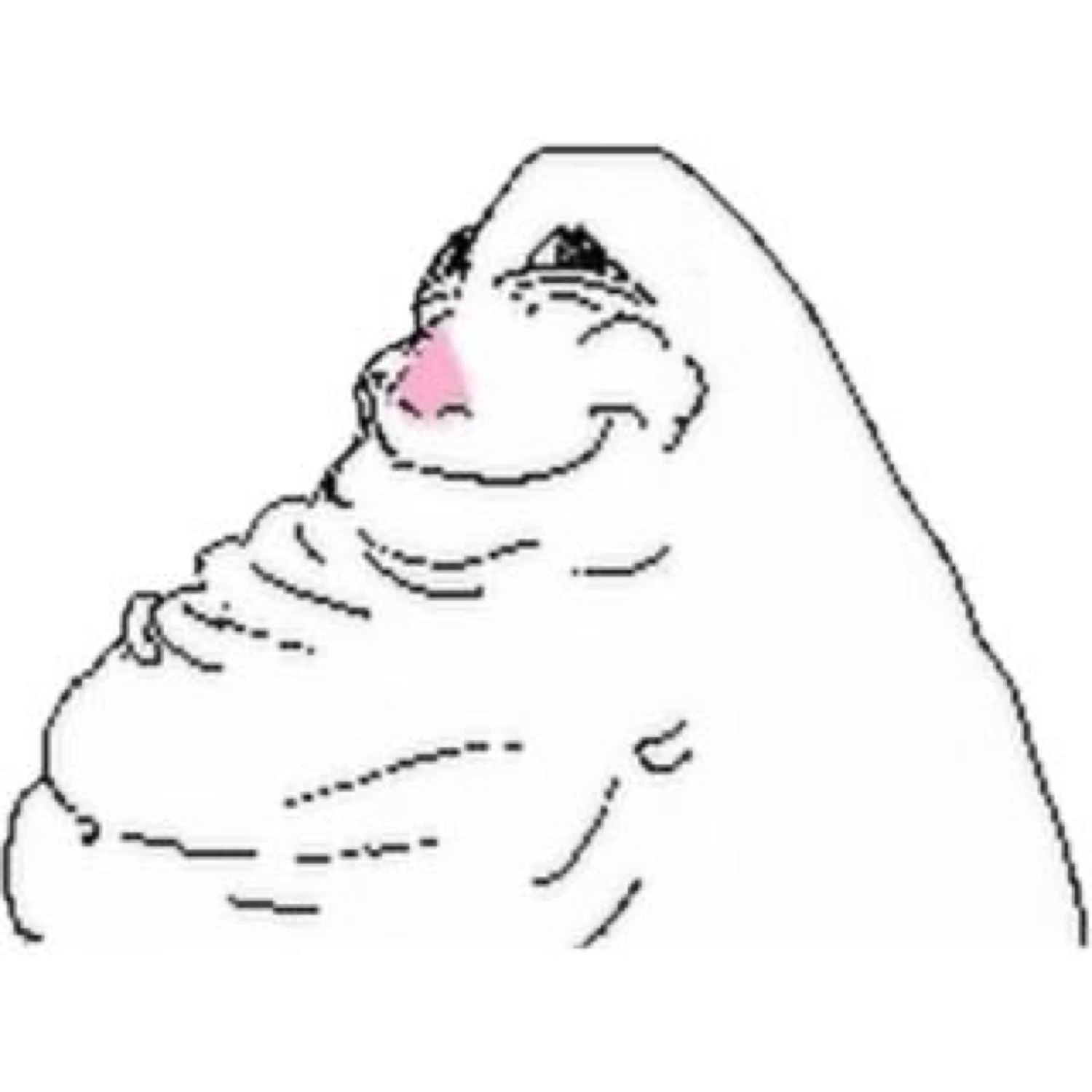 Crudely drawn white blob turned to the side with a smug, blushing little smirk
