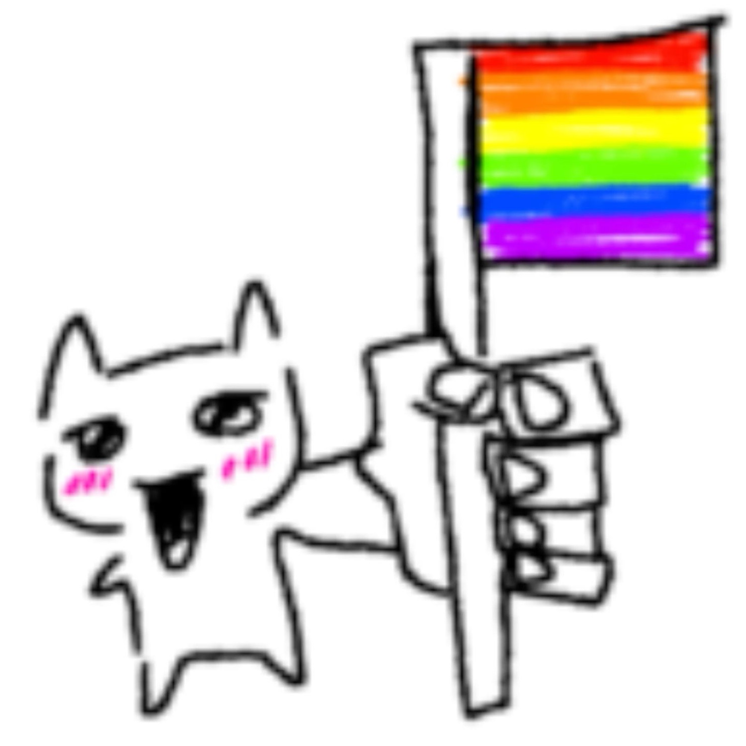 Simple white cartoon cat waving a rainbow pride flag with a big happy grin