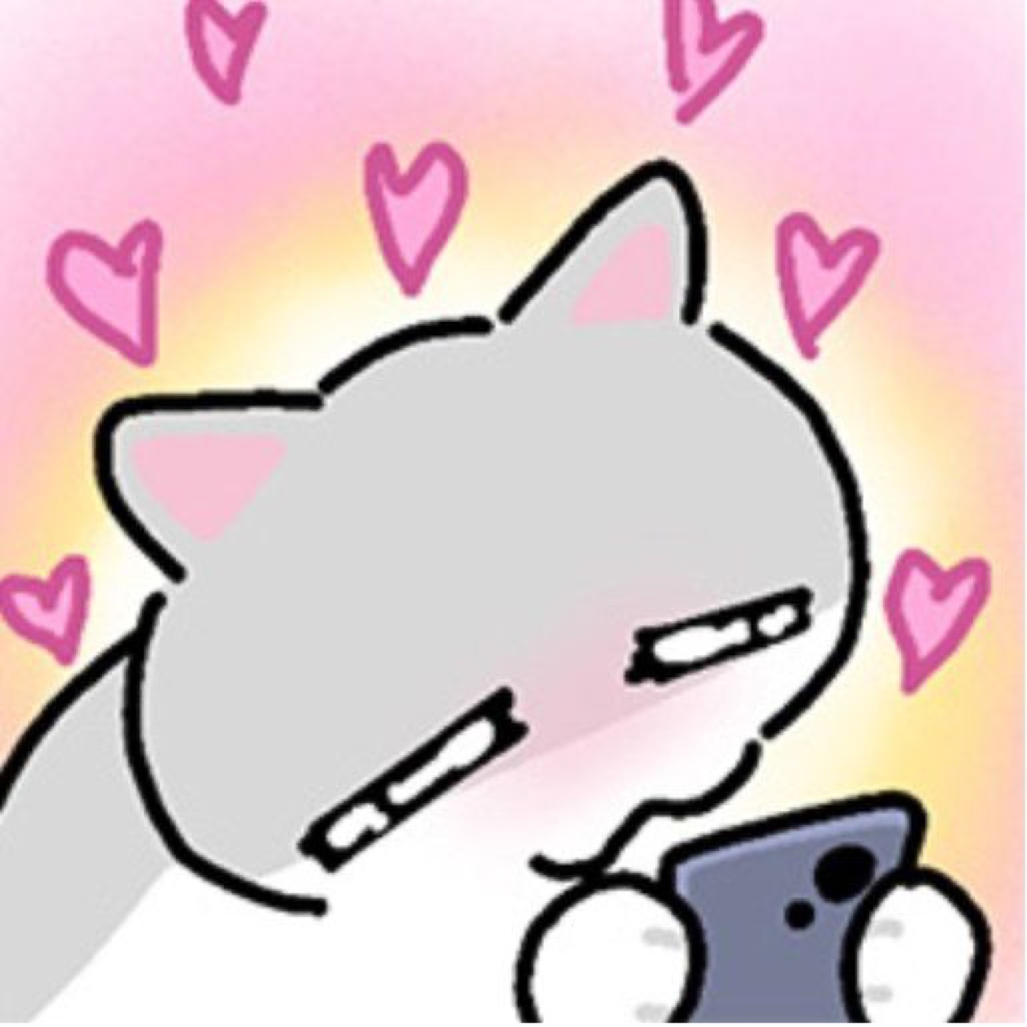 Cartoon cat scrolling its phone surrounded by floating pink hearts