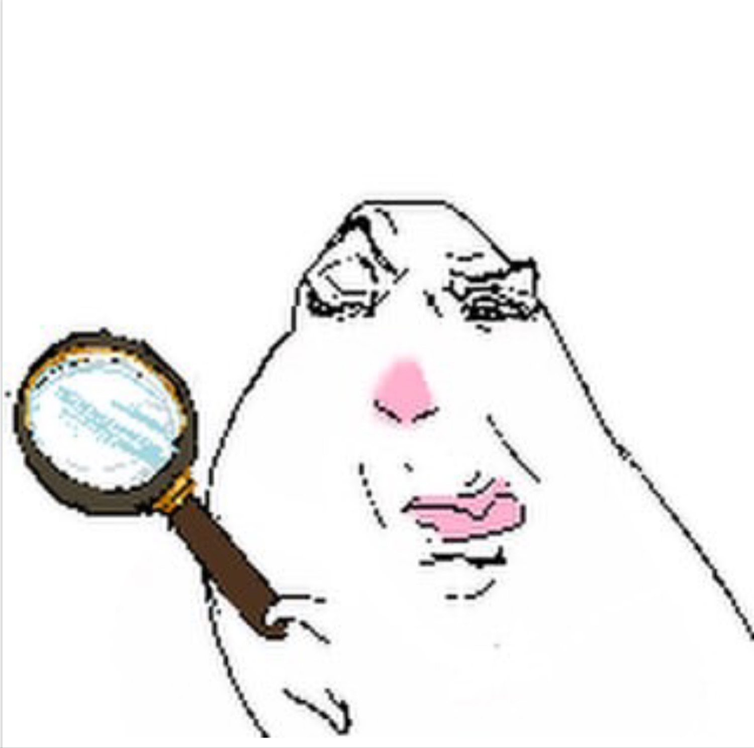 NPC-style wojak holding a magnifying glass, scrutinizing everything skeptically