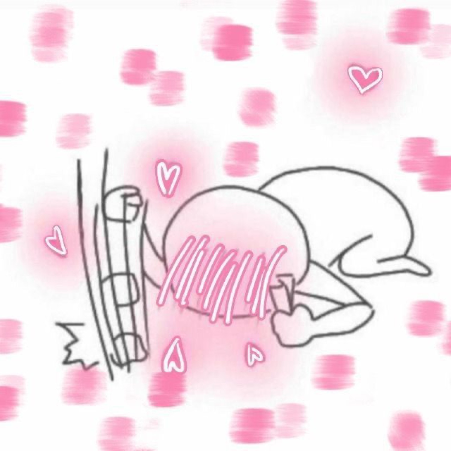 Doodled cat face-down on a bed, blushing pink with little hearts floating around