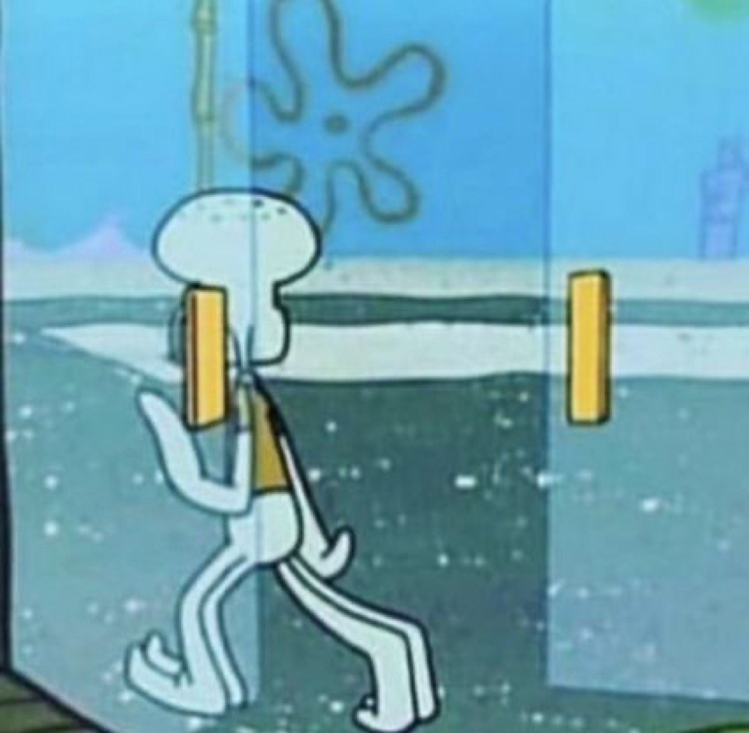 Squidward tiptoeing past the glass doors trying very hard not to be noticed