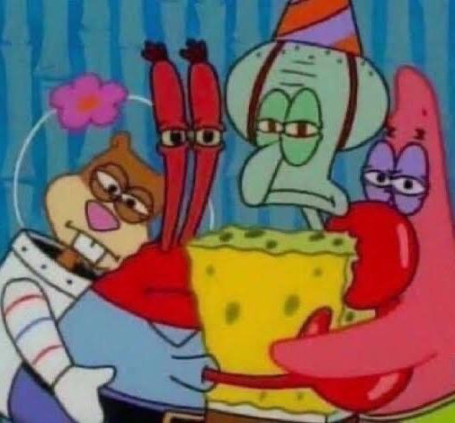 SpongeBob cast at a birthday party all looking deeply unimpressed and annoyed