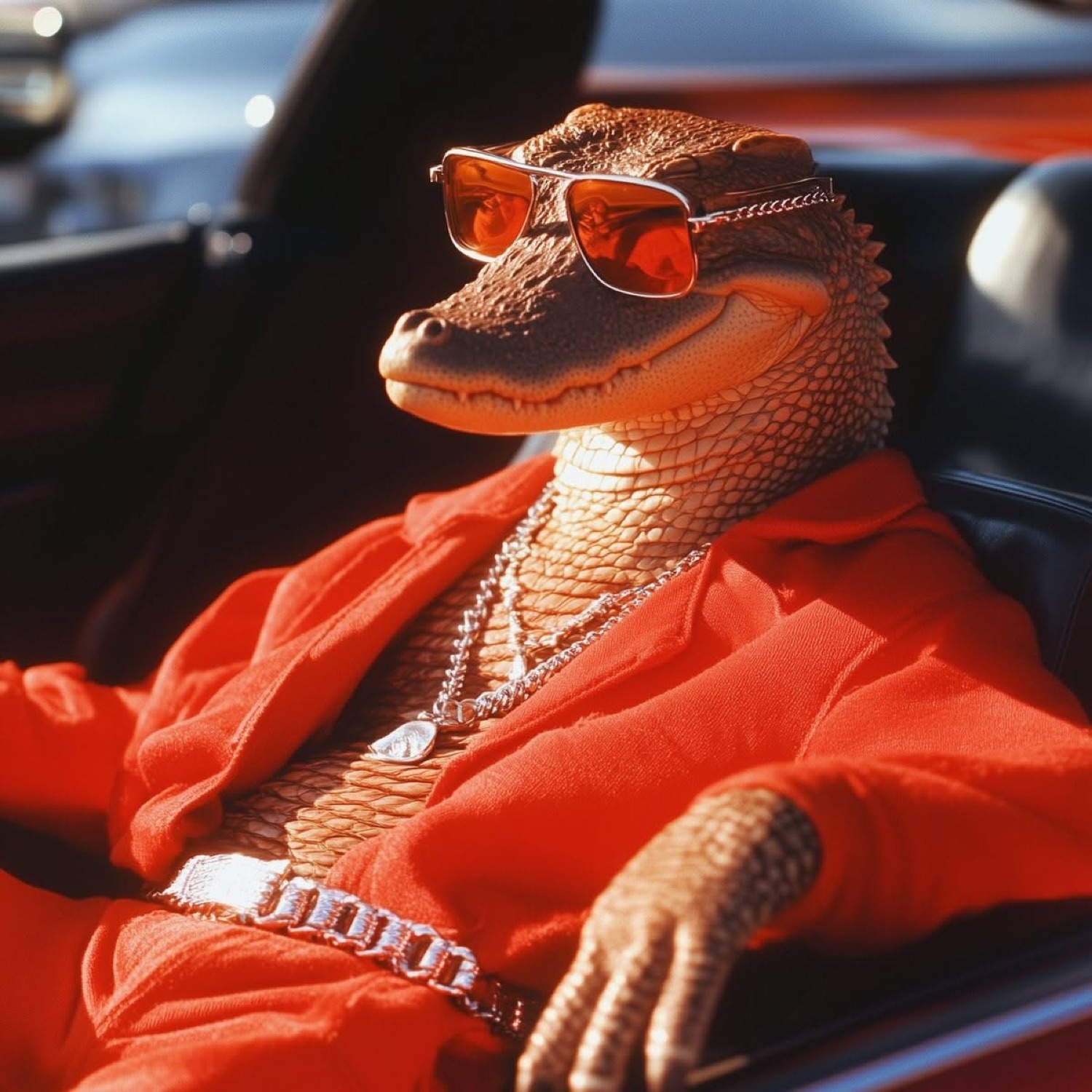 Alligator in a red tracksuit, gold chain and orange shades lounging in a car