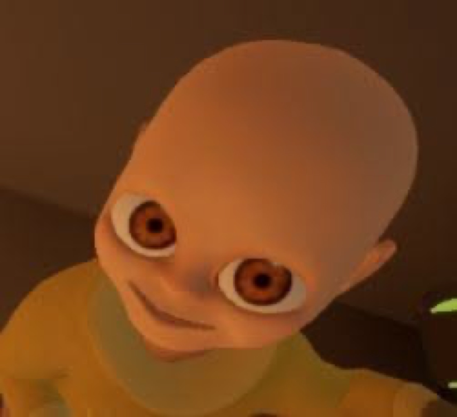 Low-poly 3D baby staring up with a wide-eyed, unsettling little smile
