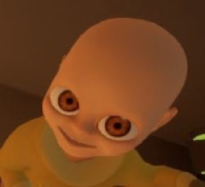 Low-poly 3D baby staring up with a wide-eyed, unsettling little smile