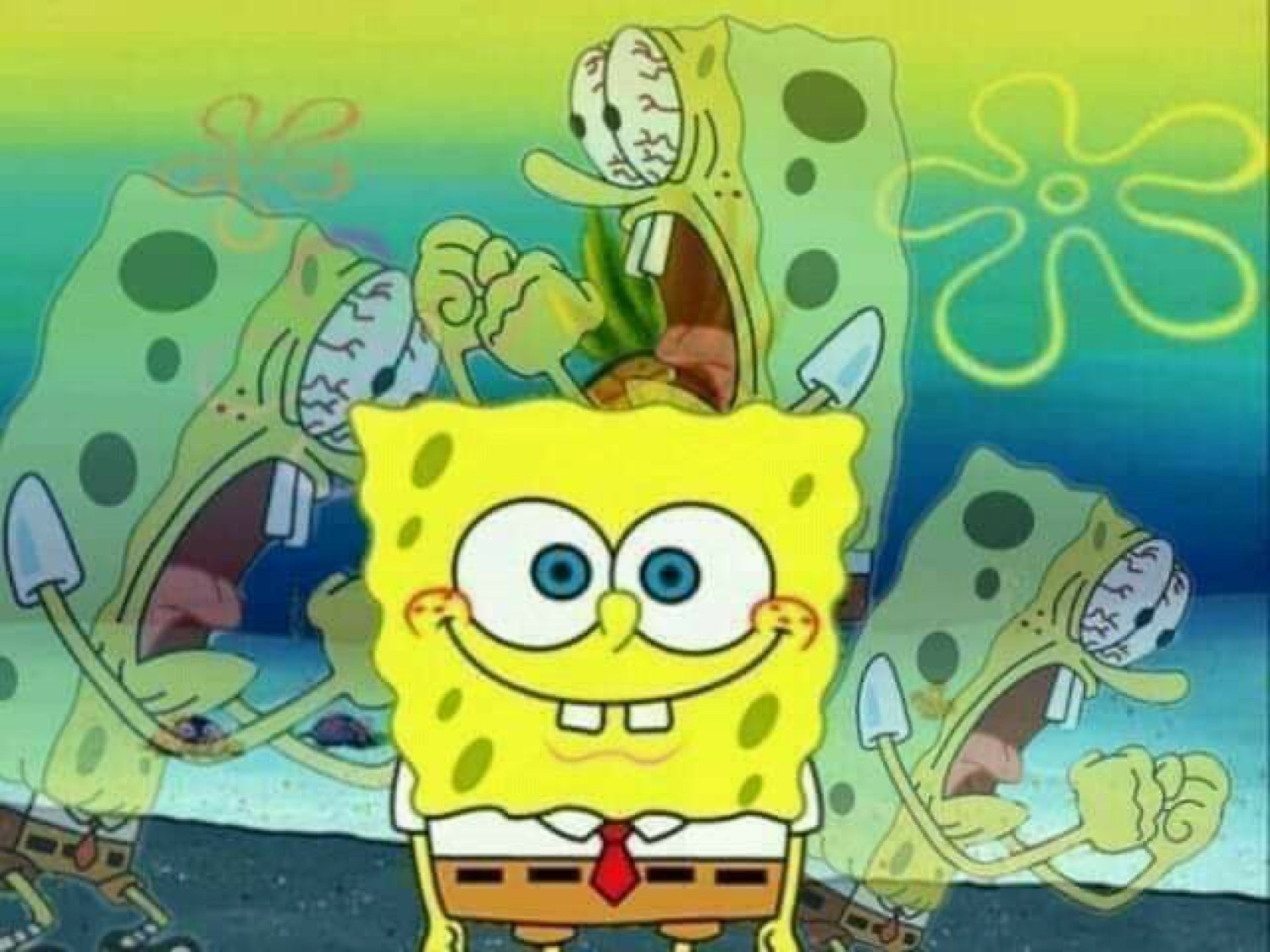 SpongeBob smiling calmly while ghostly copies of him scream in the background