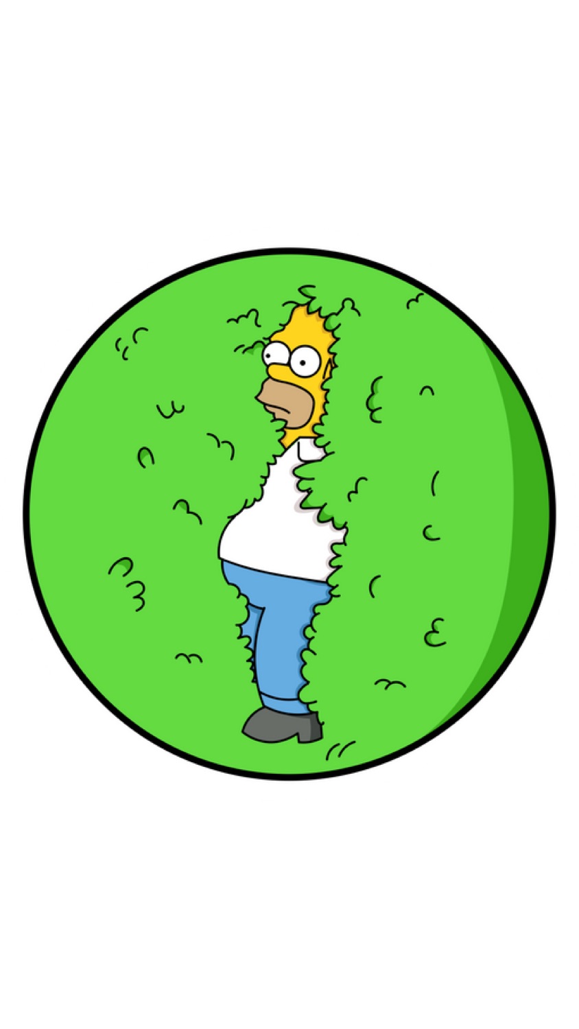 Round sticker of Homer Simpson disappearing into a hedge
