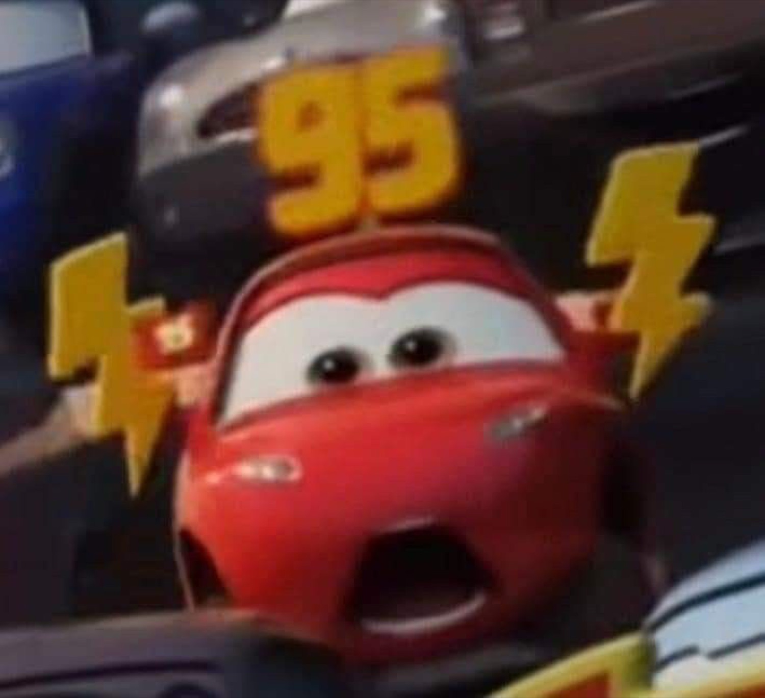 Lightning McQueen with his mouth open in shock