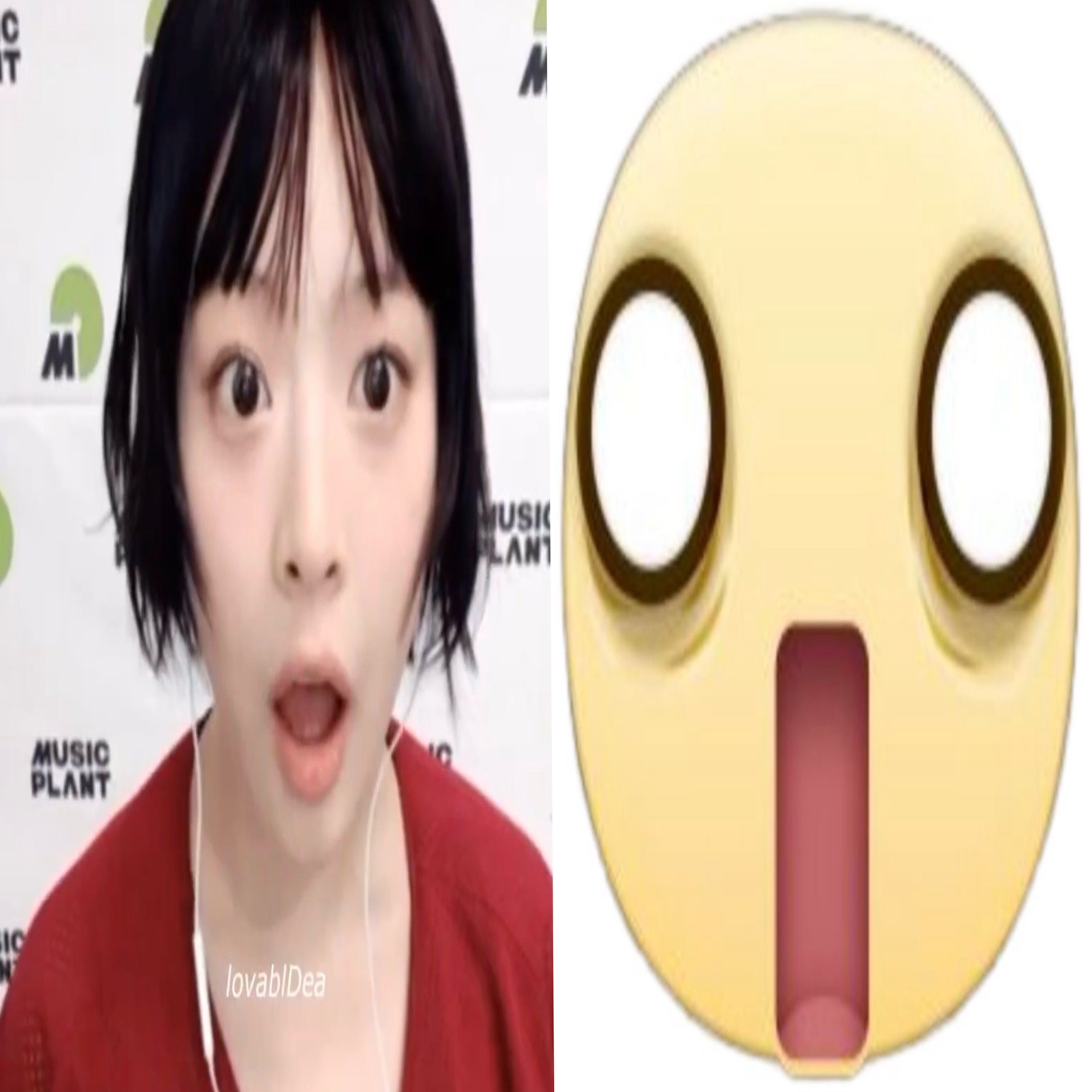 East Asian woman with mouth open in surprise beside a giant eye-roll emoji face