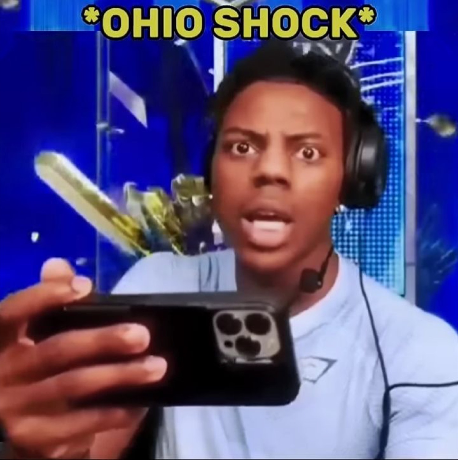 Streamer in headphones staring at phone with wide eyes, captioned '*OHIO SHOCK*'