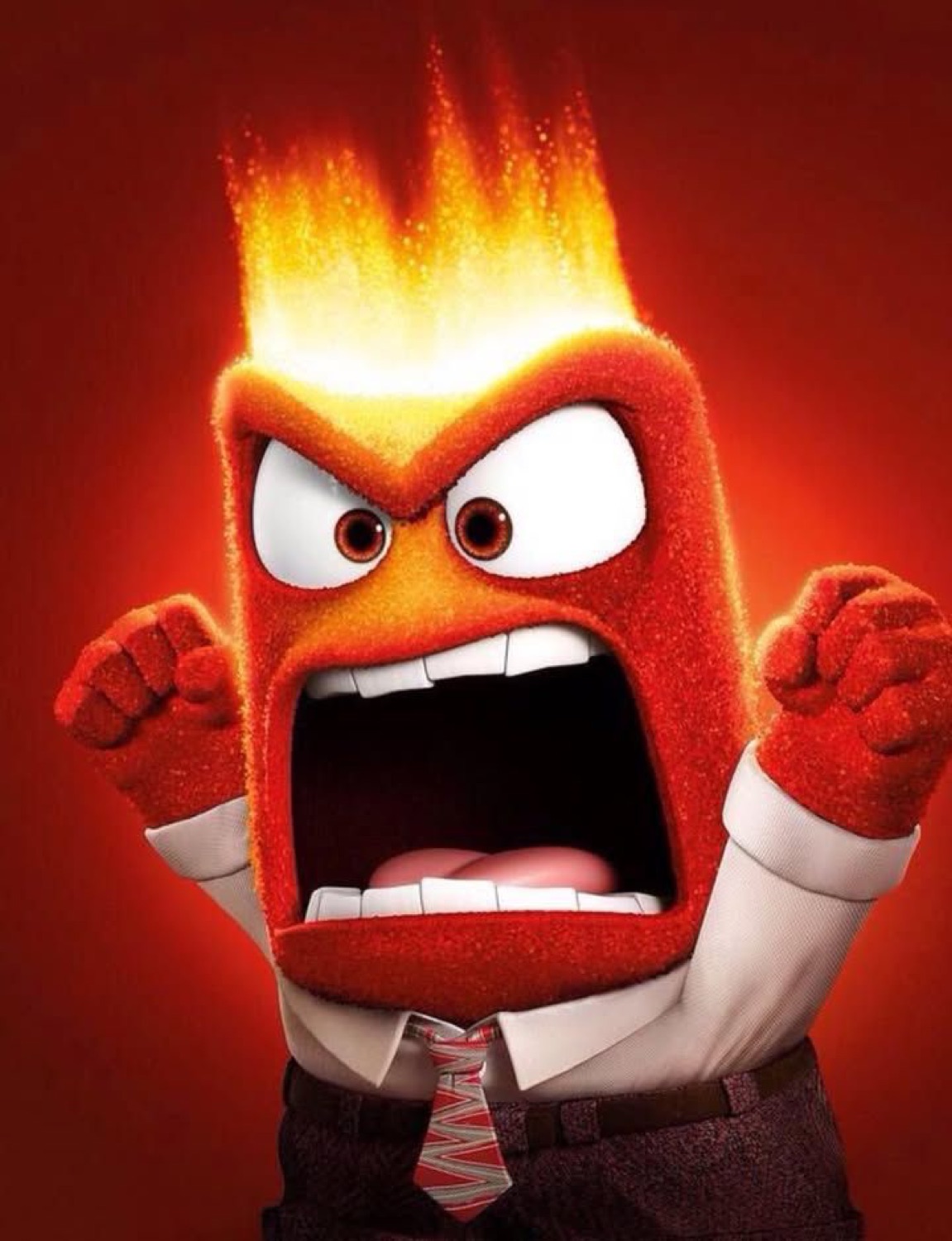 Anger from Inside Out fully ablaze, fists clenched and screaming
