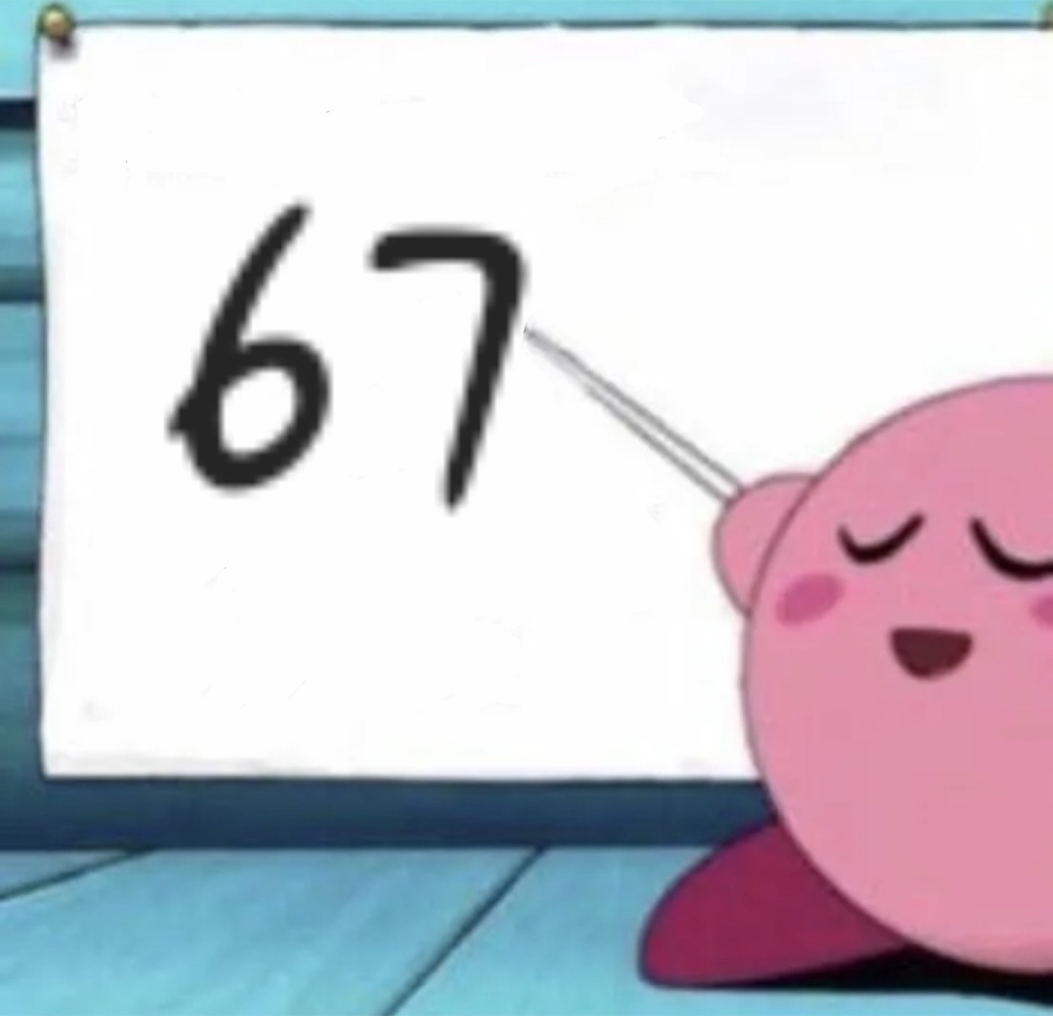 Kirby happily pointing at '67' written on a whiteboard