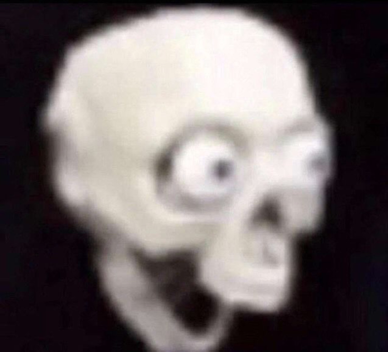 Blurry low-res skull with one bulging eye locked in a horrified stare