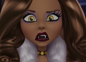 Animated Monster High character with fangs and yellow eyes frozen in wide-mouthed shock