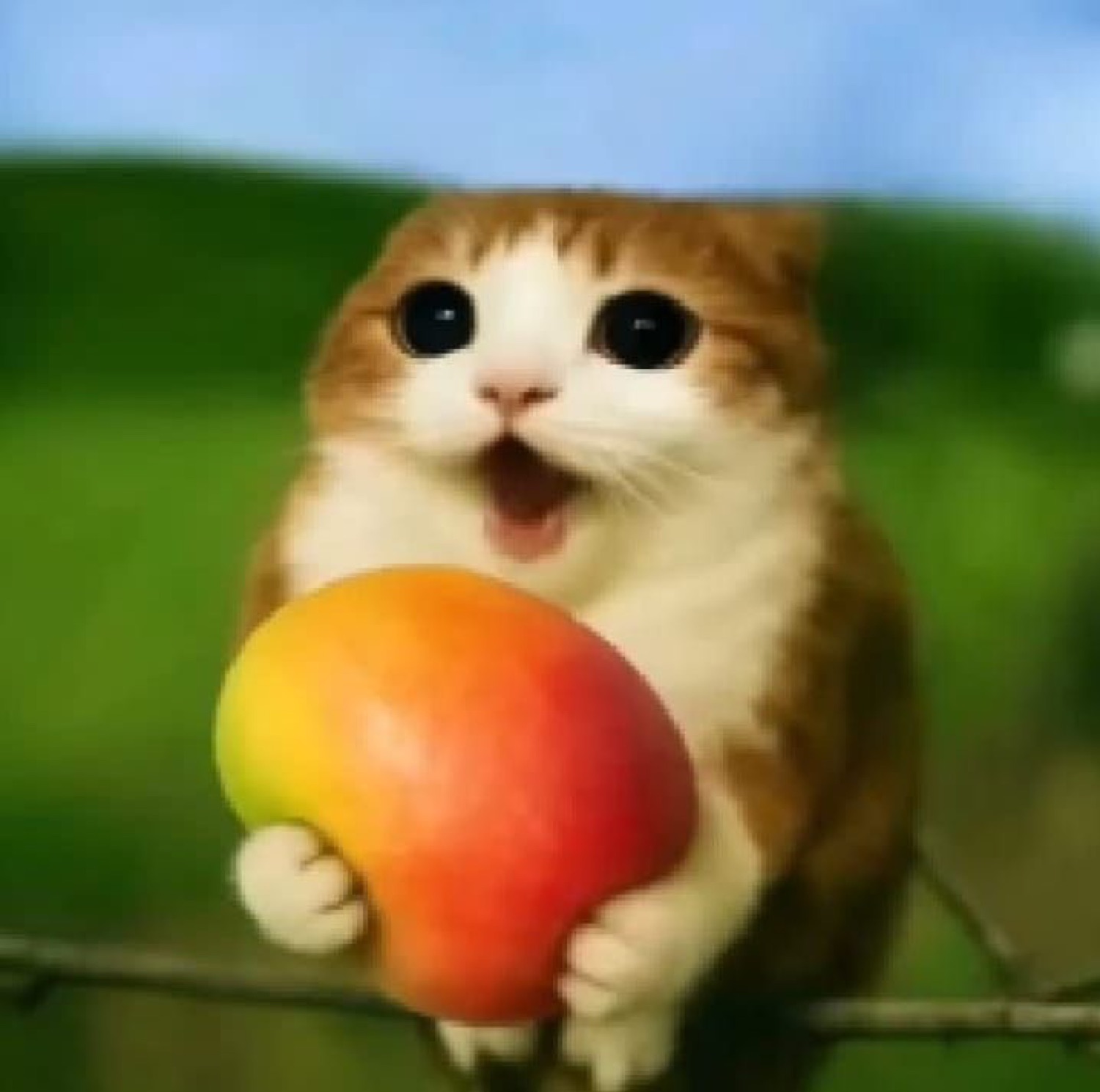 Owl-bodied cat clutching a peach with its mouth open
