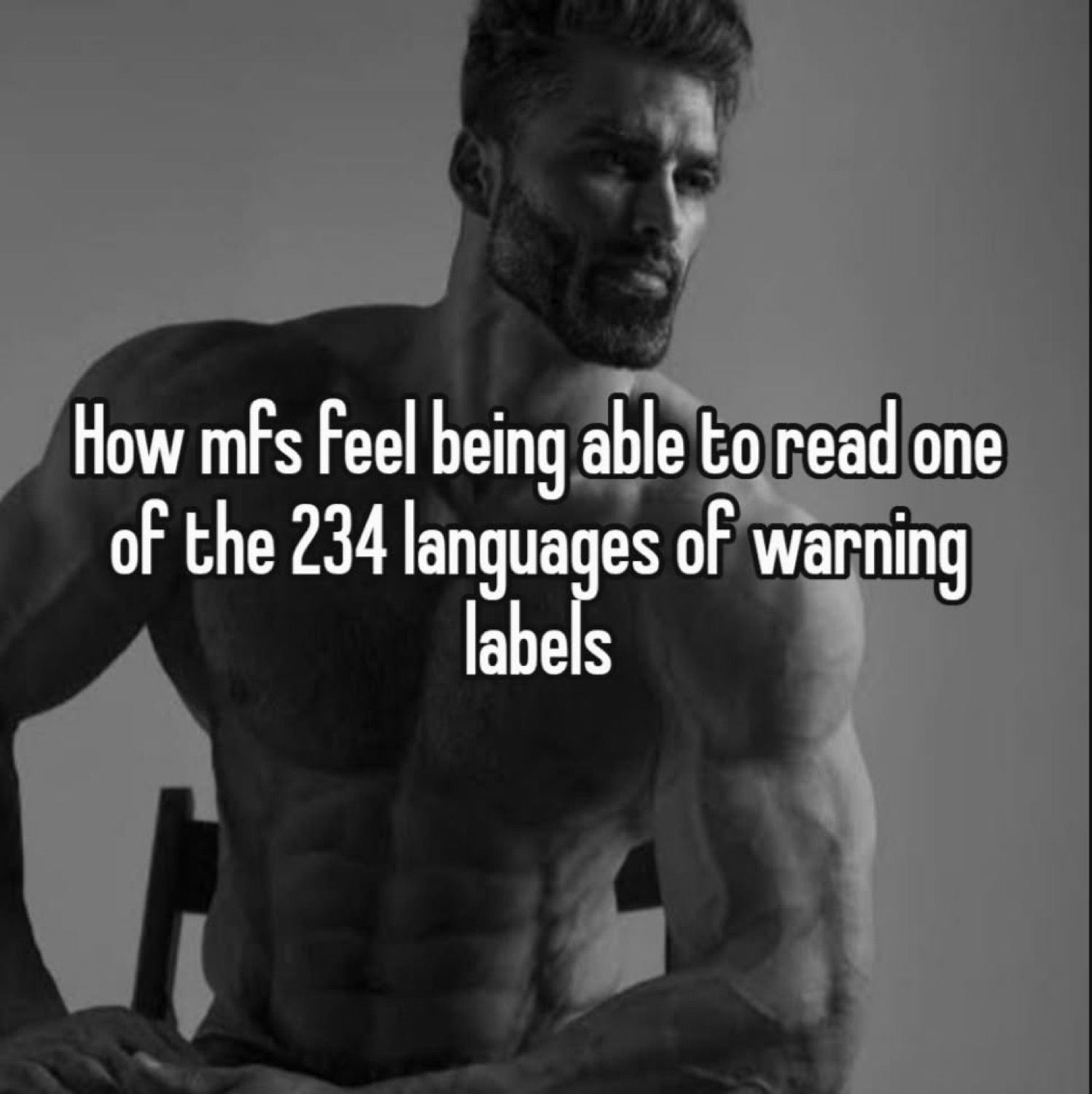Gigachad sitting shirtless: 'How mfs feel being able to read one of the 234 languages of warning labels'