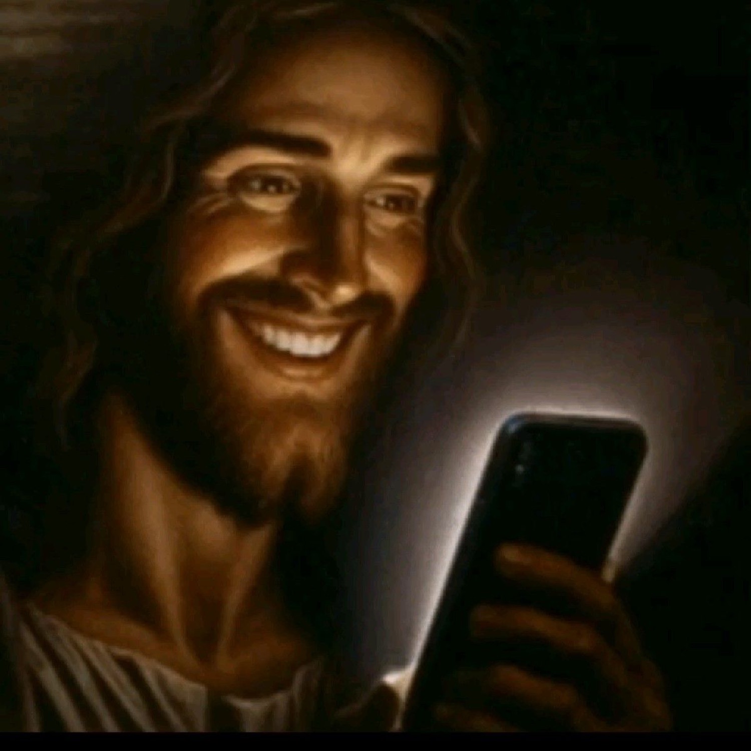 Jesus grinning at a glowing phone