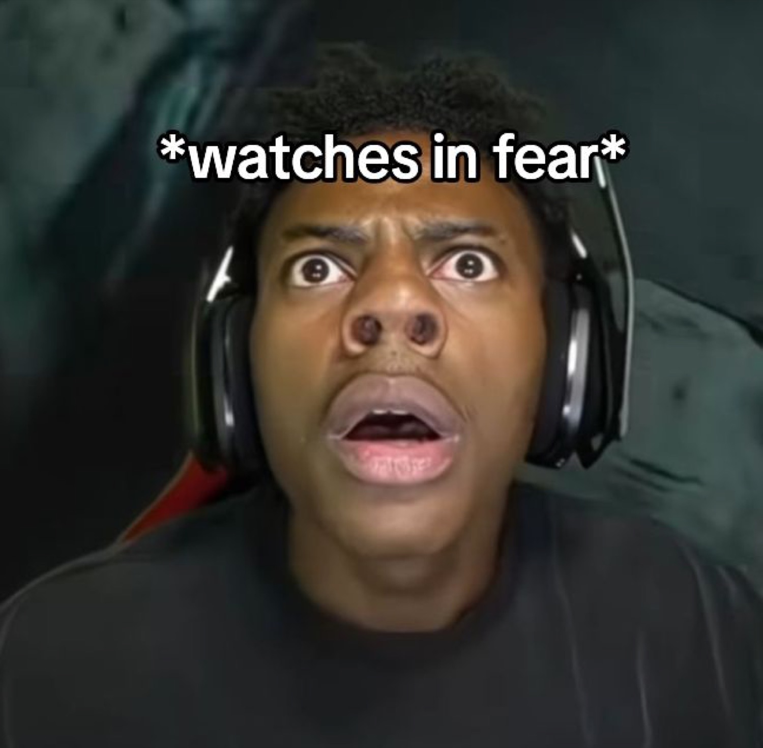 Gamer in headphones frozen mouth-agape with the caption '*watches in fear*'