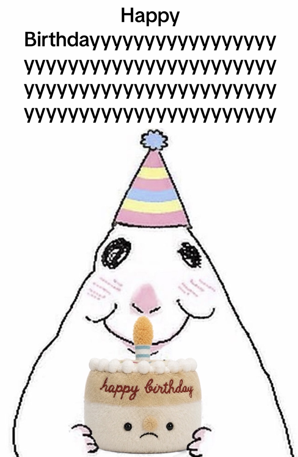 Blob in a party hat blowing out a candle: 'Happy Birthdayyyyyyy'
